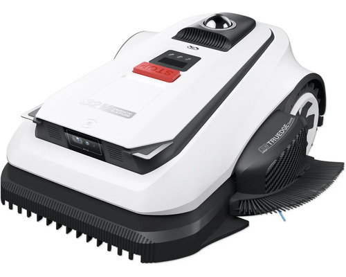 Robotická sekačka na trávu v bílé a černé barvě