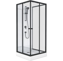 Rohová sprcha s černým rámem, sprchovou hlavicí a armaturami