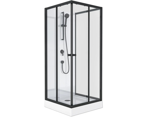 Rohová sprcha s černým rámem, sprchovou hlavicí a armaturami
