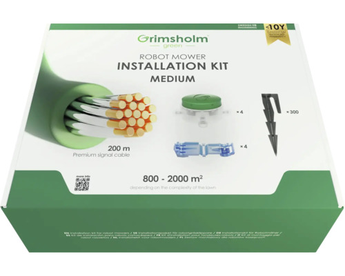 Instalační sada Grimsholm M pro robotické sekačky 200 m Instalační sada Grimsholm Medium pro robotické sekačky s 200 m signálním kabelem, 4 připojovacími svorkami, 4 kabelovými konektory a 300 kolíky