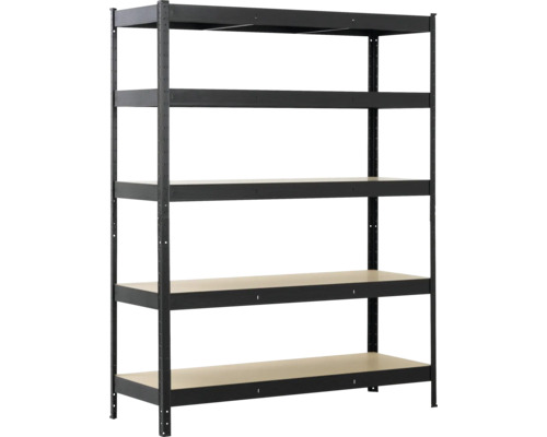 Černý kovový regál s pěti policemi