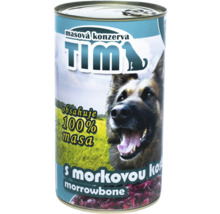 Konzervované krmivo pro psy s morkovou kostí v otevřeném kovovém kbelíku