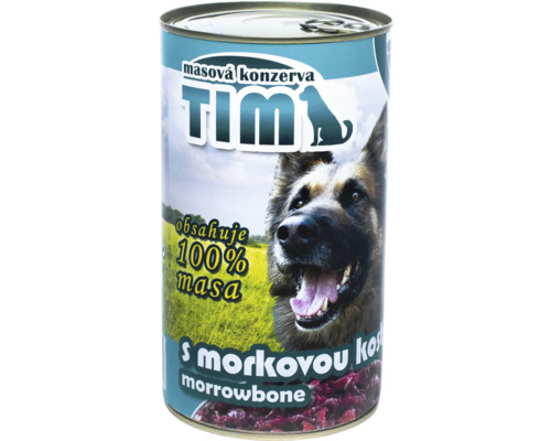 Konzervované krmivo pro psy s morkovou kostí v otevřeném kovovém kbelíku