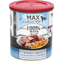 Konzerva s kousky hovězího a lososa pro psy Max Deluxe