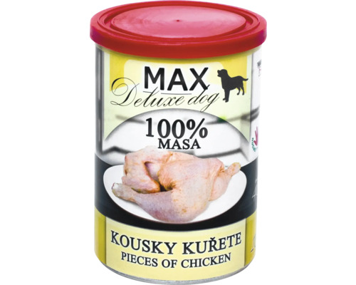 Konzerva pro psy Falco MAX 400g kousky kuřete Max Deluxe Dog krmivo pro psy s kuřecím masem v konzervě