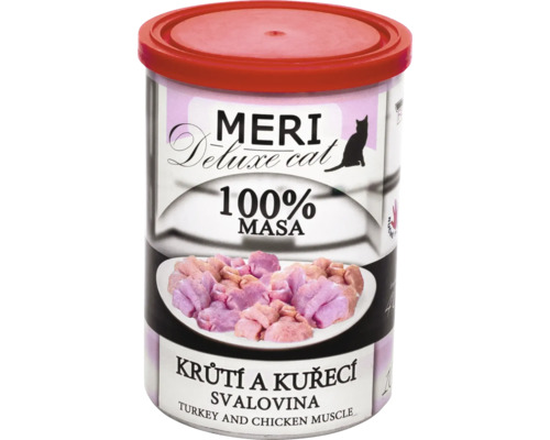 Meri Deluxe Cat krmivo pro kočky s krůtím a kuřecím masem ve svalovině v konzervě