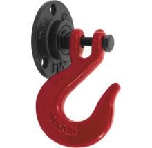 Červený zvedací hák s černým držákem pro montáž na stěnu