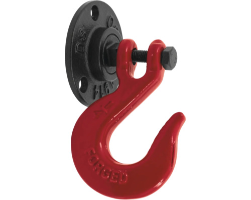Červený zvedací hák s černým držákem pro montáž na stěnu