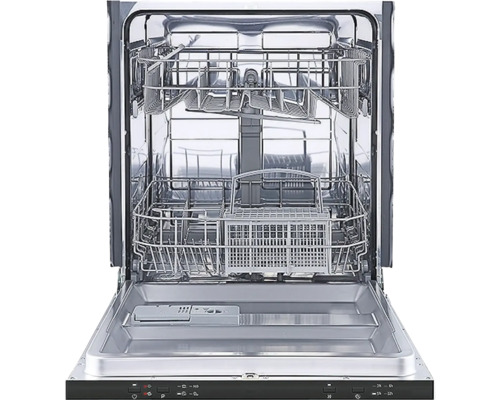 Otevřená myčka nádobí s kovovým interiérem.