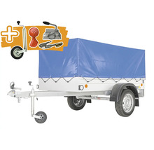 Přívěs s modrou plachtou, opěrným kolem, kulovou spojkou a zabezpečením proti krádeži