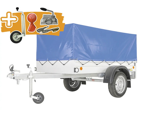 Přívěsný vozík Agados Handy-20 s plachtou a kolečkem, vnitřní rozměr 111x30x206 cm Přívěs s modrou plachtou, opěrným kolem, kulovou spojkou a zabezpečením proti krádeži