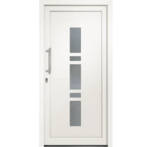 Bílé vchodové dveře se třemi obdélníkovými skleněnými panely a nerezovou klikou