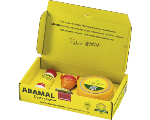 Zkušební sada proti plísním Abamal v žlutém balení s popisem aplikace