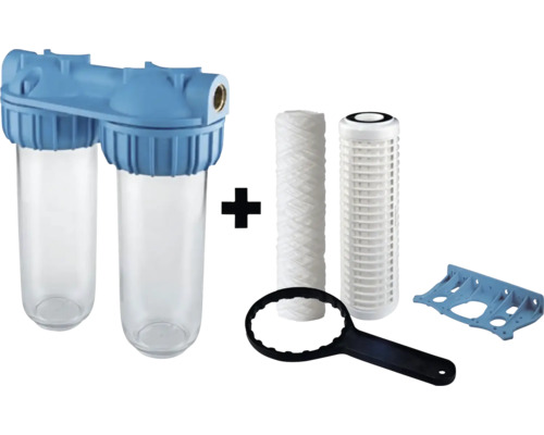 Dvojitý vodní filtr s filtračními patronami, montážním klíčem a nástěnným držákem