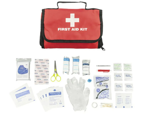Lékárnička s obvazy, nůžkami, tampony a dalším vybavením