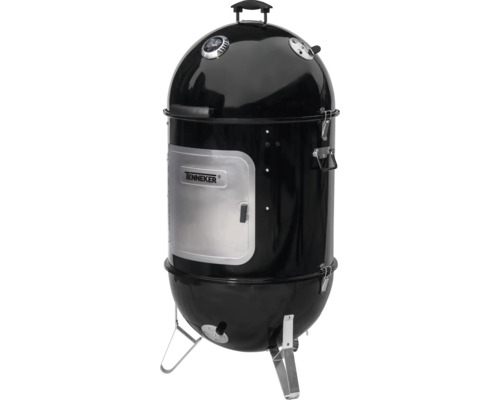 Černý vertikální gril Tenneker s ukazatelem teploty a stříbrnými dvířky