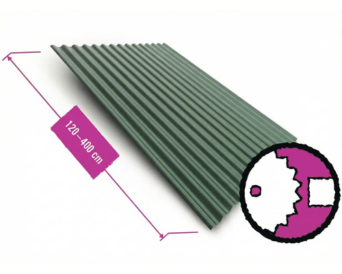 Vlnitý plech PRECIT S18 RAL6005 0,4 mm šířka 88,3 cm, délka na přání 120-600 cm Trapézový plech o délce 120 až 400 cm