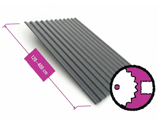 Vlnitý plech PRECIT S18 RAL7016 0,4 mm šířka 88,3 cm, délka na přání 120-600 cm Šedé trapézové plechy o délce 120 až 400 centimetrů