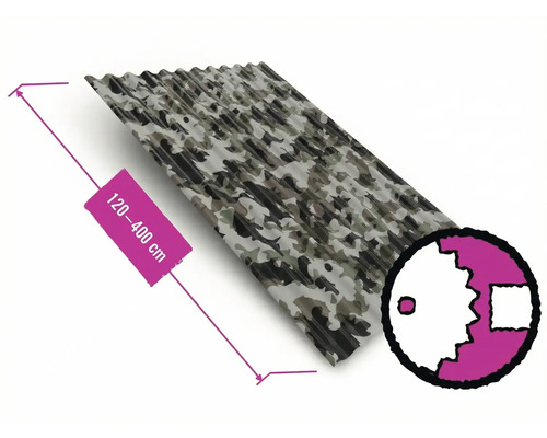 Vlnitý plech PRECIT S18 Camouflage 0,4 mm šířka 88,3 cm, délka na přání 120-600 cm Trapézový plech s maskovacím vzorem, délka 120 až 400 cm