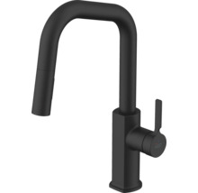 Černá kuchyňská baterie s vysokým výtokem a výsuvnou sprchou