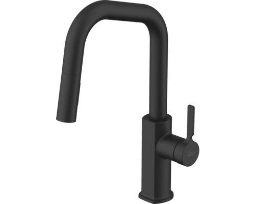 Černá kuchyňská baterie s vysokým výtokem a výsuvnou sprchou