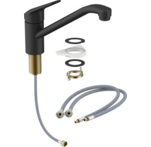 Kuchyňská baterie v černé barvě s flexibilními připojovacími hadicemi a upevňovacím materiálem