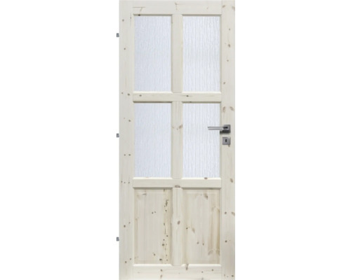 Dřevěné dveře se čtyřmi skleněnými výplněmi a stříbrnou klikou