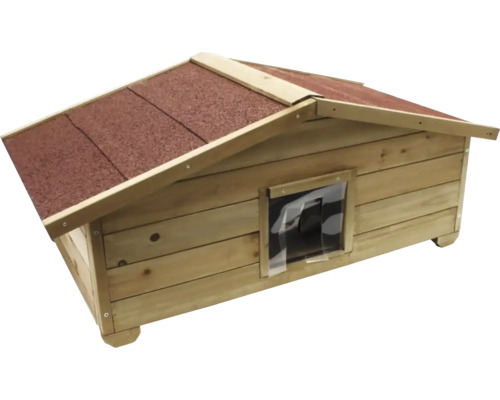 Dřevěná psí bouda s oknem a lepenkou