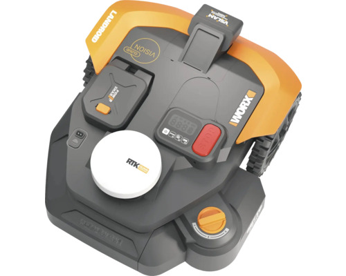 Robotická sekačka Worx Landroid s různými funkcemi a ovládacími prvky.