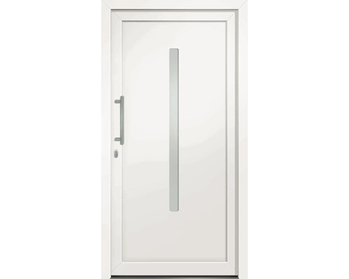 Bílé vchodové dveře s klikou a skleněnou vložkou
