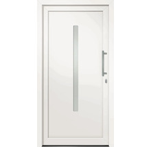 Bílé vchodové dveře s okenní páskou a madlem