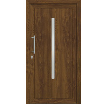 Vchodové dveře s dřevěným dekorem, klikou a prosklením