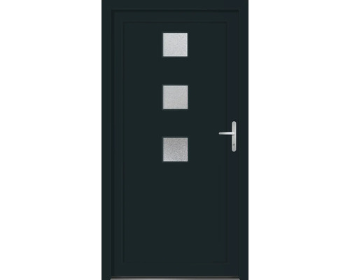 Vchodové dveře se třemi čtvercovými skleněnými výplněmi a klikou