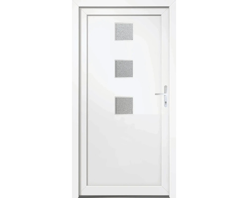 Bílé vchodové dveře se třemi čtvercovými skleněnými vložkami a klikou