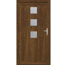 Dřevěné dveře se třemi čtvercovými skleněnými vložkami a klikou