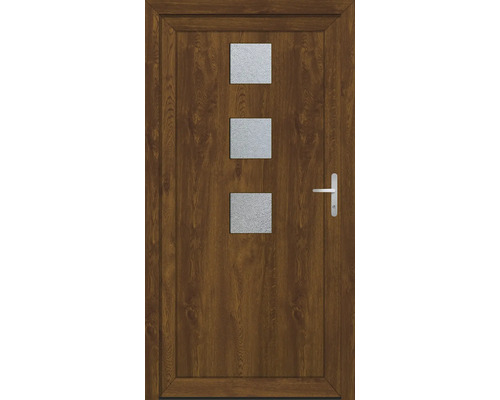 Dřevěné dveře se třemi čtvercovými skleněnými vložkami a klikou