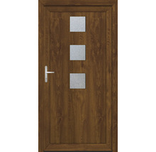 Hnědé vchodové dveře se třemi obdélníkovými skleněnými výplněmi a klikou