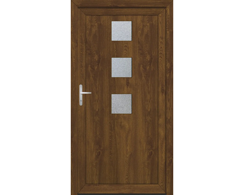 Hnědé vchodové dveře se třemi obdélníkovými skleněnými výplněmi a klikou