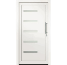 Bílé vchodové dveře s pěti obdélníkovými skleněnými vložkami a klikou