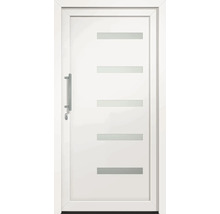 Bílé vchodové dveře s pěti vodorovnými skleněnými vložkami a nerezovou klikou