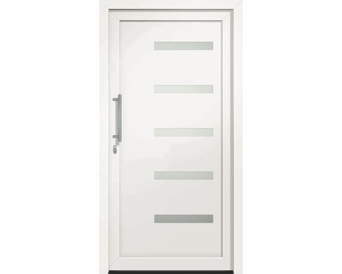 Bílé vchodové dveře s pěti vodorovnými skleněnými vložkami a nerezovou klikou