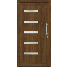 Vchodové dveře s pěti prosklenými otvory a nerezovou klikou