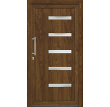 Vchodové dveře s dřevěným dekorem a horizontálními okny