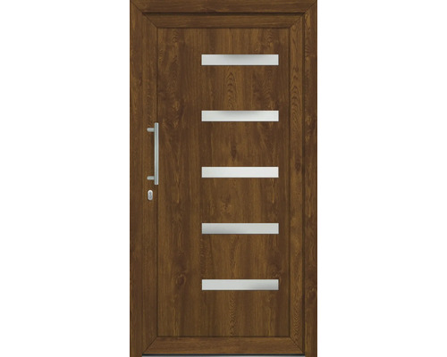 Vchodové dveře s dřevěným dekorem a horizontálními okny