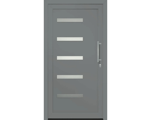 Šedé vchodové dveře s vodorovnými skleněnými vložkami a klikou