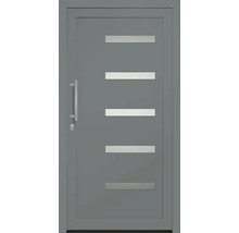 Šedé vchodové dveře s pěti vodorovnými ozdobnými prvky, klikou a zámkem
