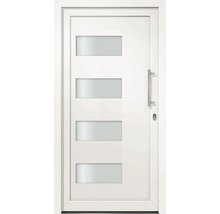 Bílé vchodové dveře se čtyřmi obdélníkovými skleněnými panely a kovovou klikou