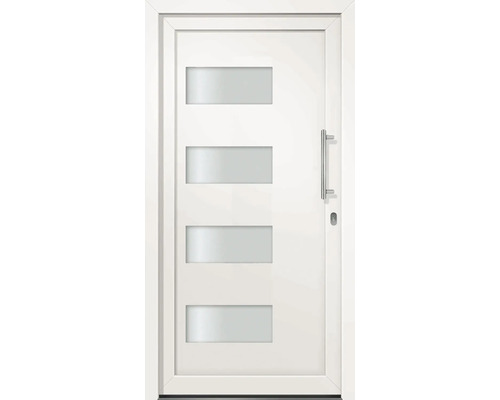 Vchodové dveře Norton 1000 x 2000 mm P Bílé vchodové dveře se čtyřmi obdélníkovými skleněnými panely a kovovou klikou