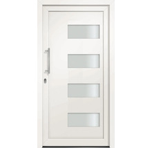 Moderní vchodové dveře se čtyřmi skleněnými výplněmi a madlem z nerezové oceli