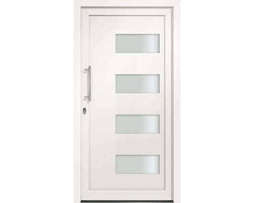 Moderní vchodové dveře se čtyřmi skleněnými výplněmi a madlem z nerezové oceli